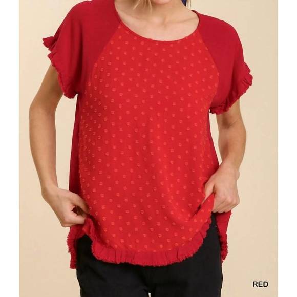Umgee Linen V-Neck Lace Puff Sleeve Top